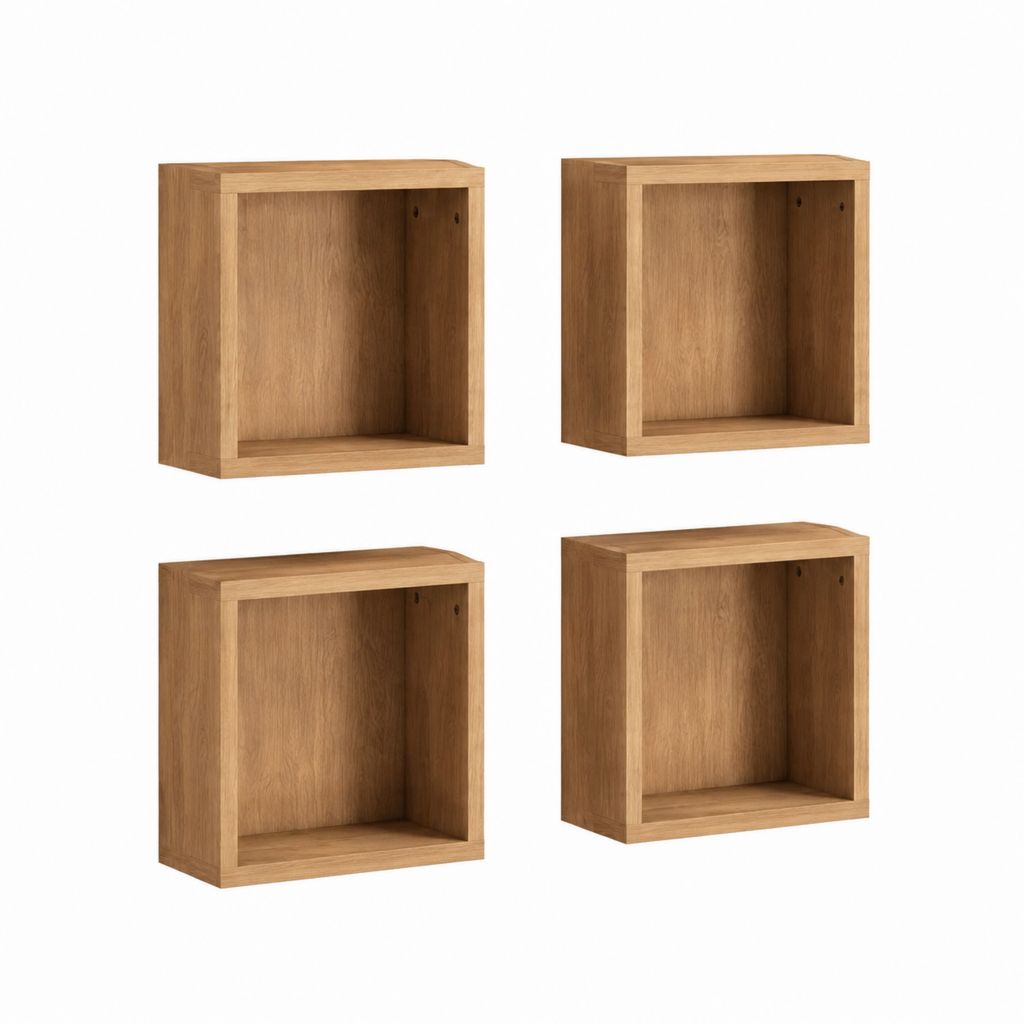 4er Set Wandregale aus massivem Eichenholz natur rechteckig 30 x 15 x 30 cm