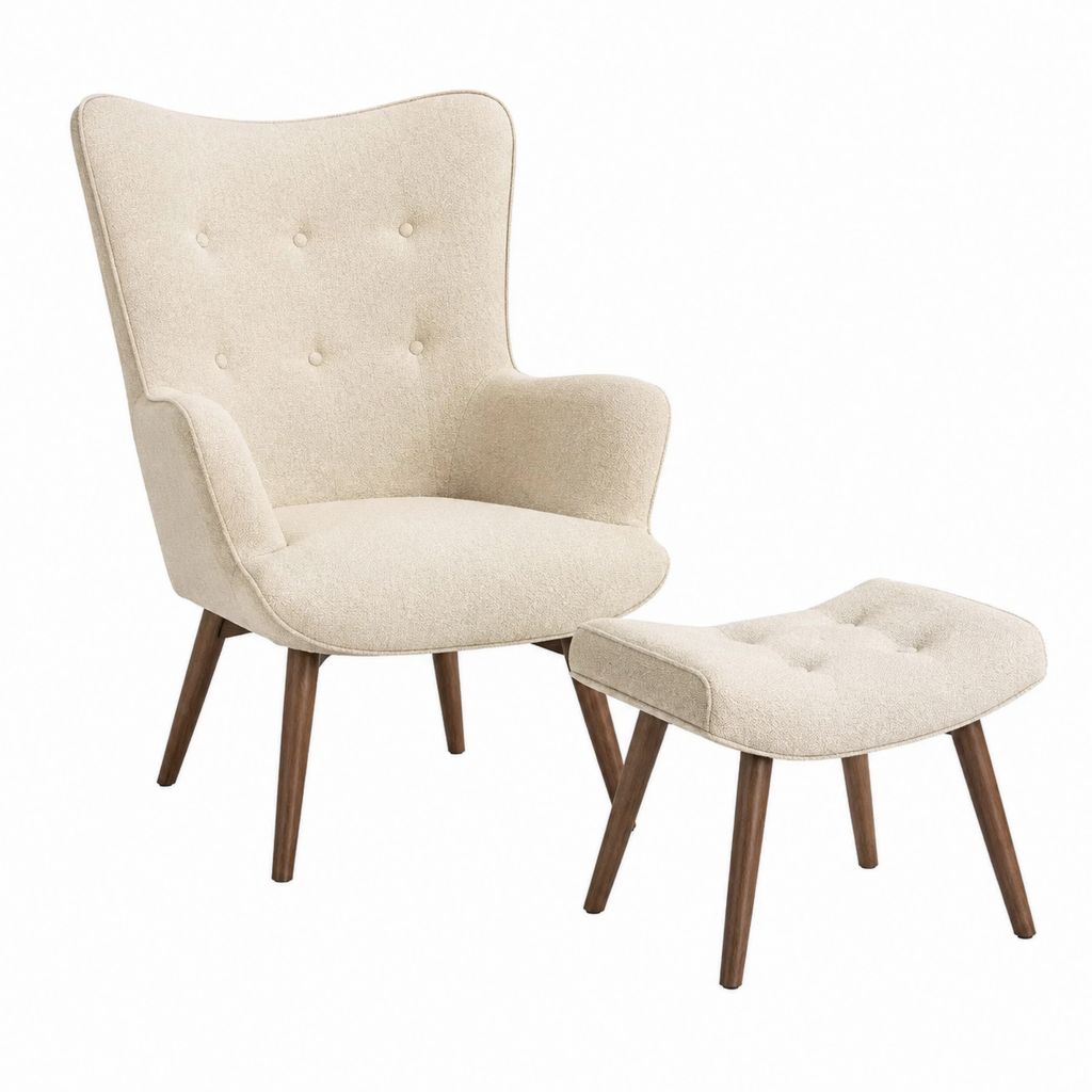 Ohrensessel mit Hocker Set Beige Polyesterbezug Massivholzgestell Sessel 76 x 82 x 105 cm Hocker 63 x 46 x 40 cm