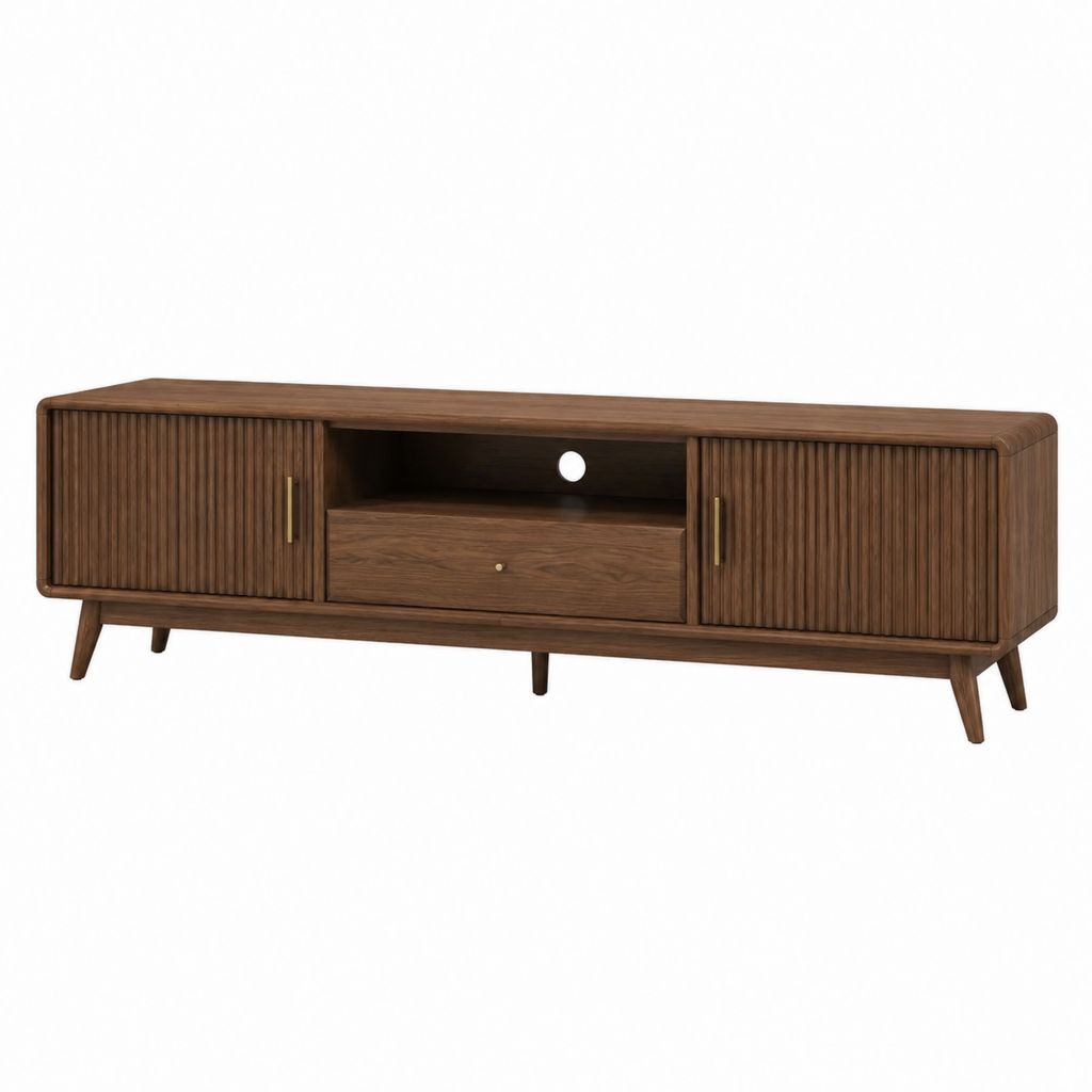 TV Lowboard Walnussfurnier mit Lamellentüren und Kabeldurchlass 180 x 40 x 55 cm