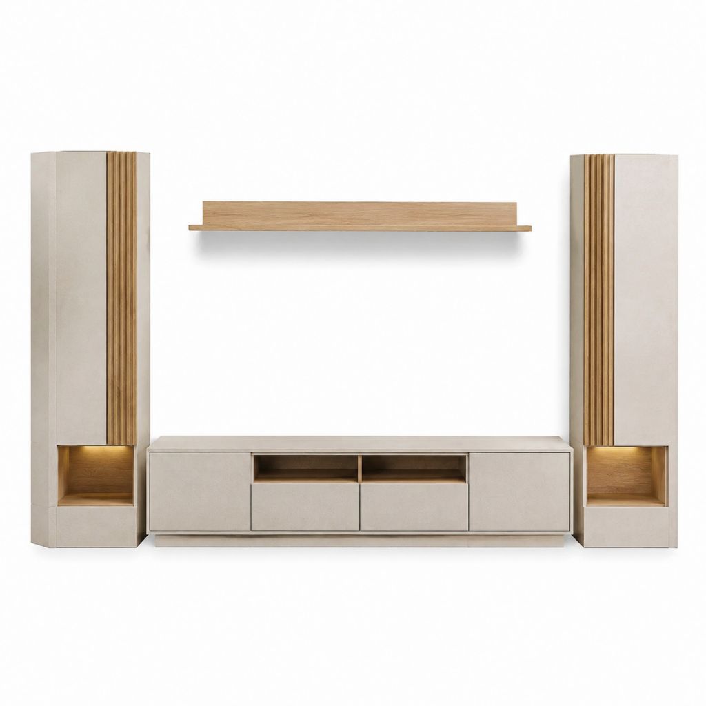TV-Wandmöbel Set in Betonoptik und Eiche-Dekor aus MDF 320 x 200 x 40 cm