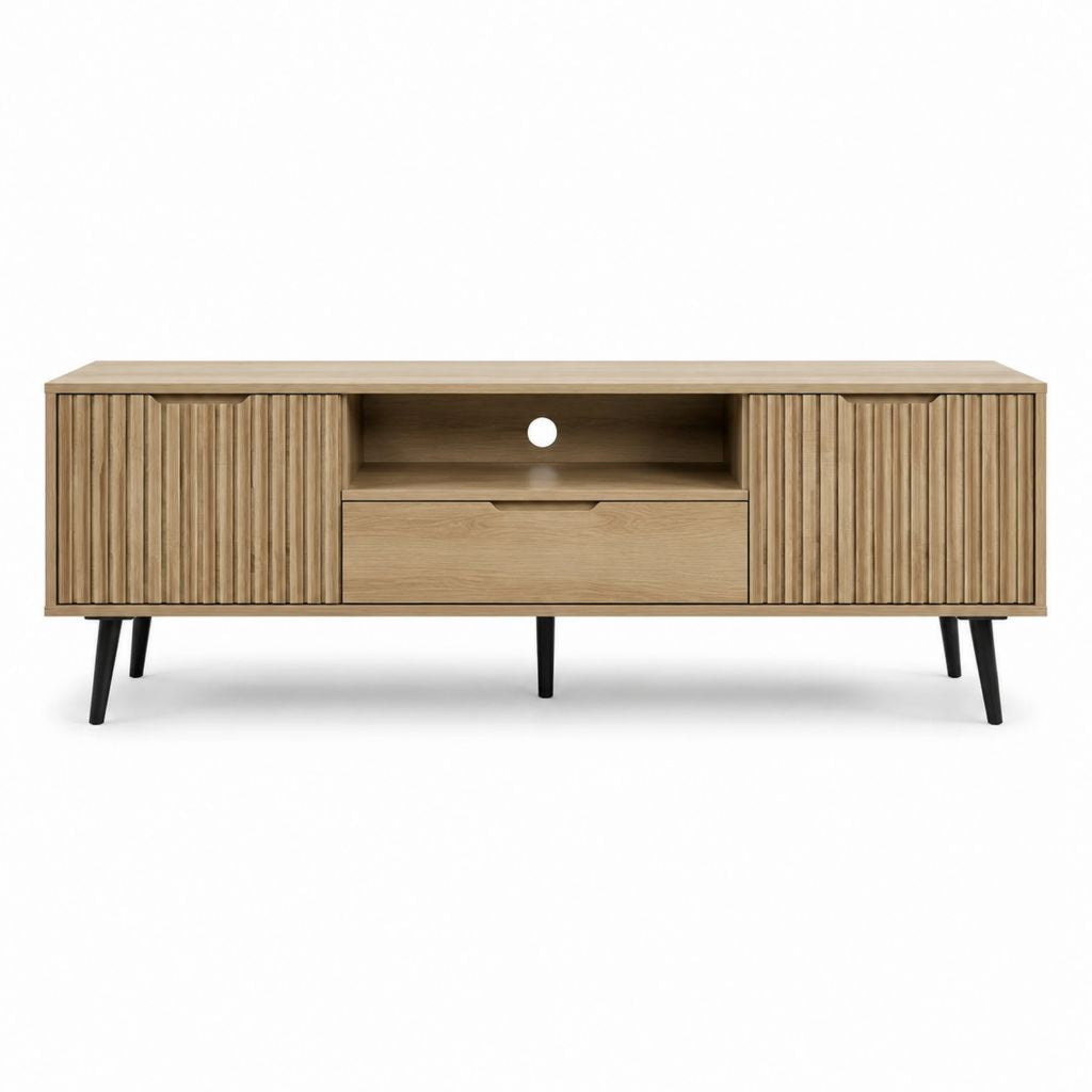 TV-Lowboard Eichefarben mit Rillenfronten MDF und Stahl 160 x 40 x 60 cm