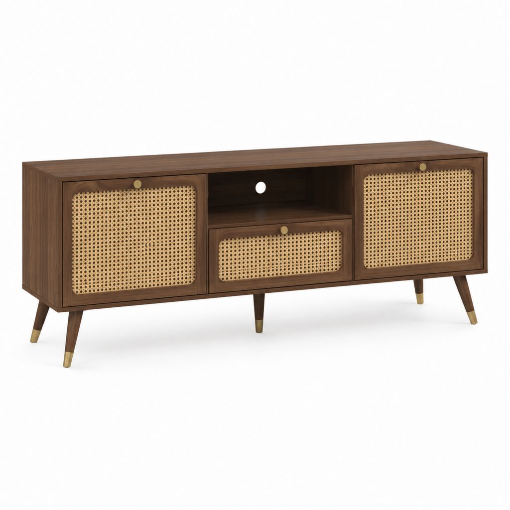 TV-Lowboard rechteckig Nussbaumfurnier Rattan 160 x 40 x 60 cm