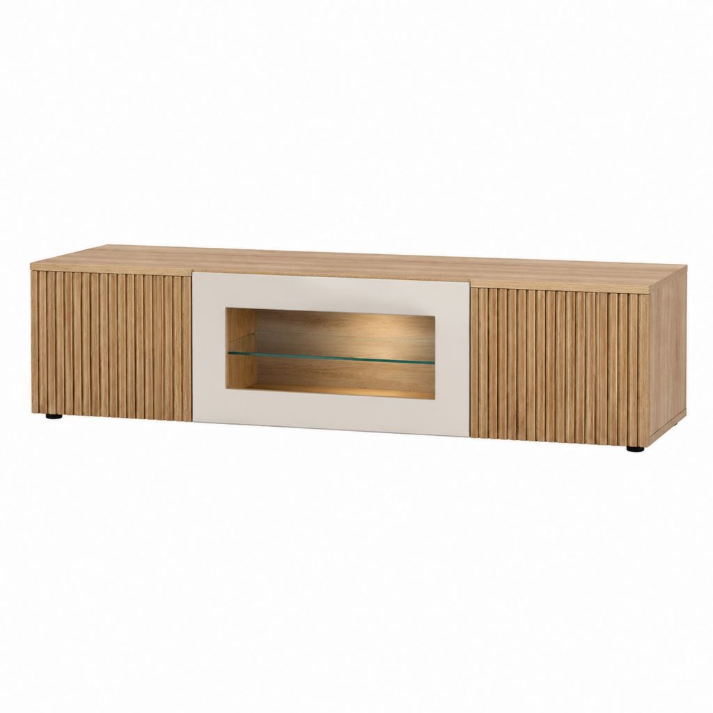 TV-Lowboard Eichefarben Weiß aus MDF und Spanplatte mit Glasfach 180 x 40 x 45 cm