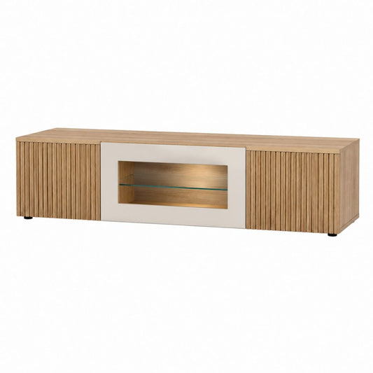 TV-Lowboard Eichefarben Weiß aus MDF und Spanplatte mit Glasfach 180 x 40 x 45 cm
