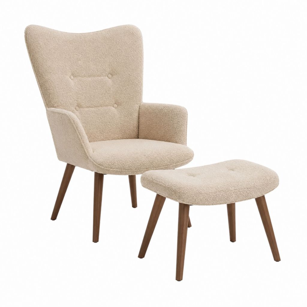 Ohrensessel mit Fußhocker Beige Polyester-Bouclé Massivholzbeine 75 x 82 x 101 cm