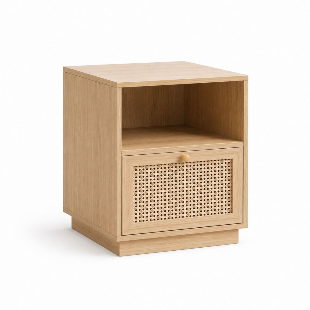 Nachttisch mit Tür und offenem Fach Eichenfarben MDF Rattan rechteckig 40 x 35 x 55 cm