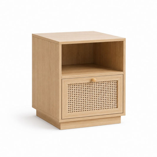 Nachttisch mit Tür und offenem Fach Eichenfarben MDF Rattan rechteckig 40 x 35 x 55 cm